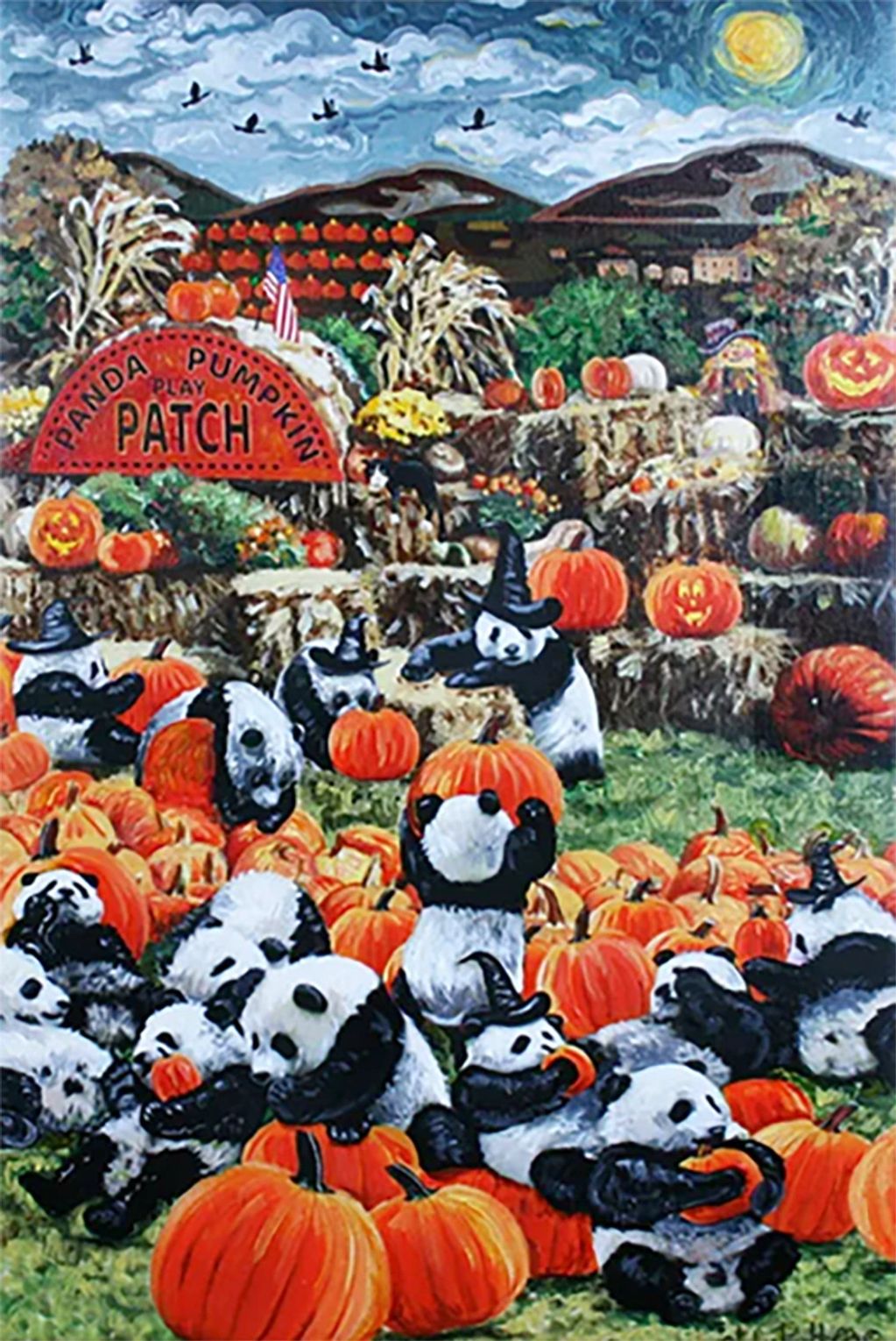 Pandas, and pumpkins harvest time having great fun.