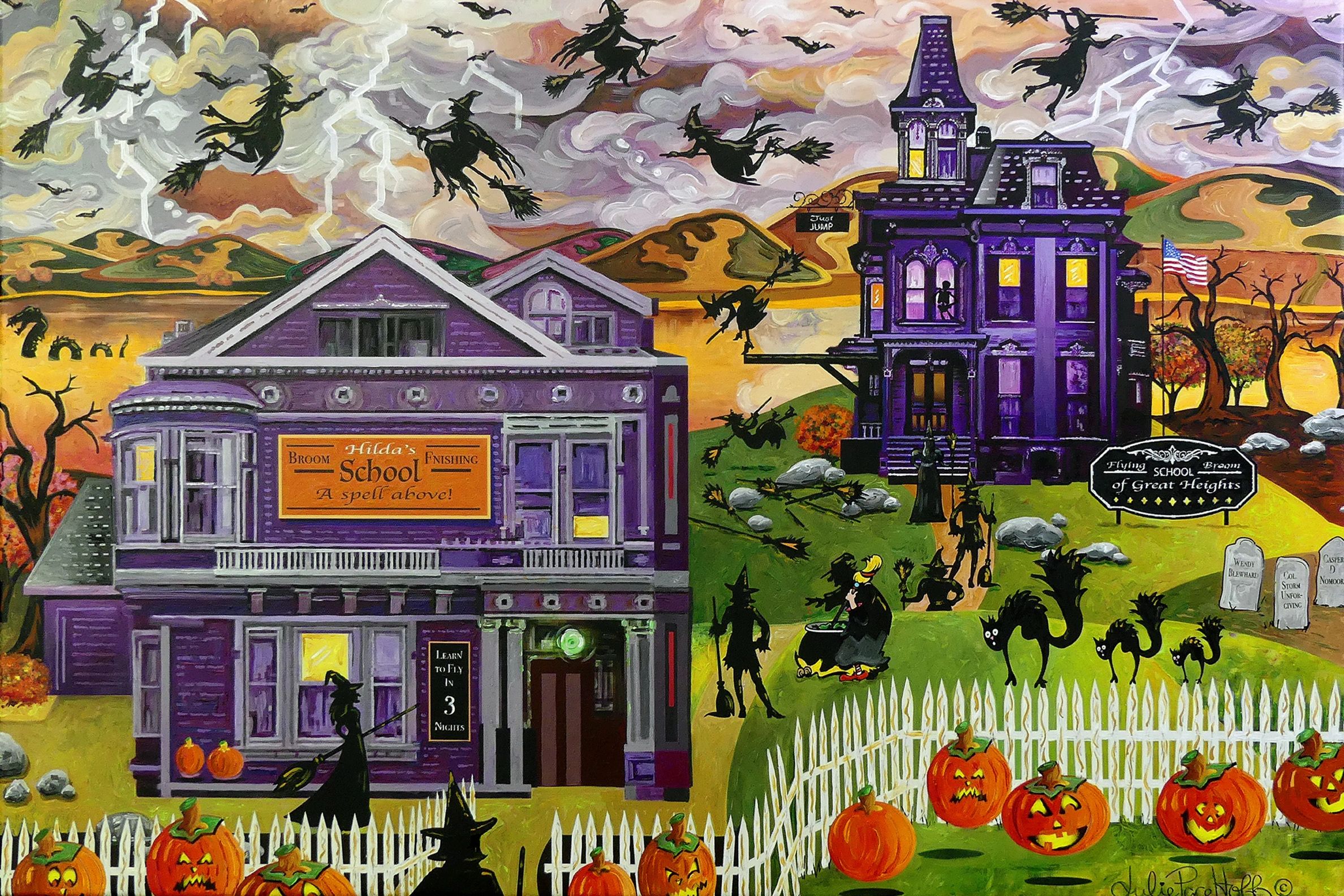 Silly Halloween scene of a witch's flight school with witches flying sideways, backwards, falling, a