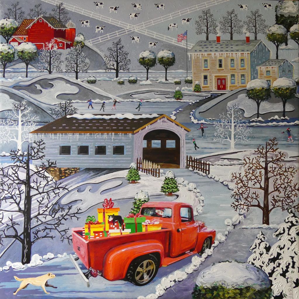 A retro red truck is bringing Santa and Christmas gifts.