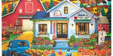 A vibrant farmstand with colorful fruits, flowers, and a vintage blue truck.