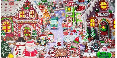 Festive gingerbread village scene with holiday decorations and characters.