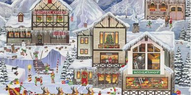 Festive winter village with snowy rooftops and Christmas decorations.