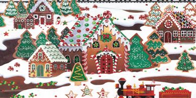 Festive gingerbread village decorated with icing and candy in a snowy setting.