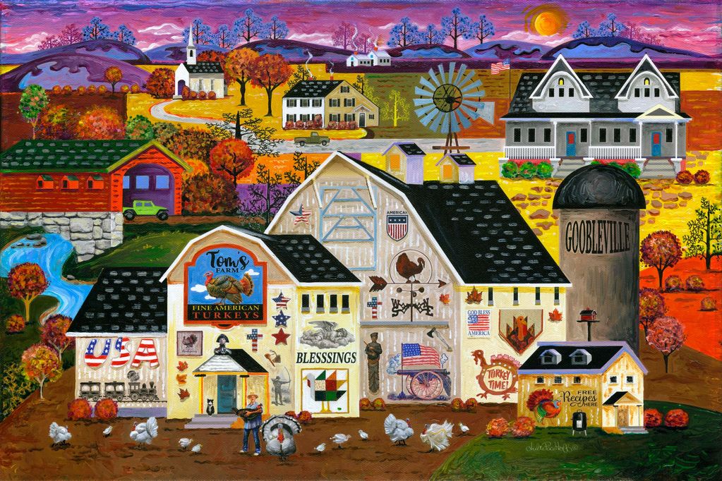 "Tom's Turkey Farm," a delightful folk art painting rendered vibrant acrylics on canvas.