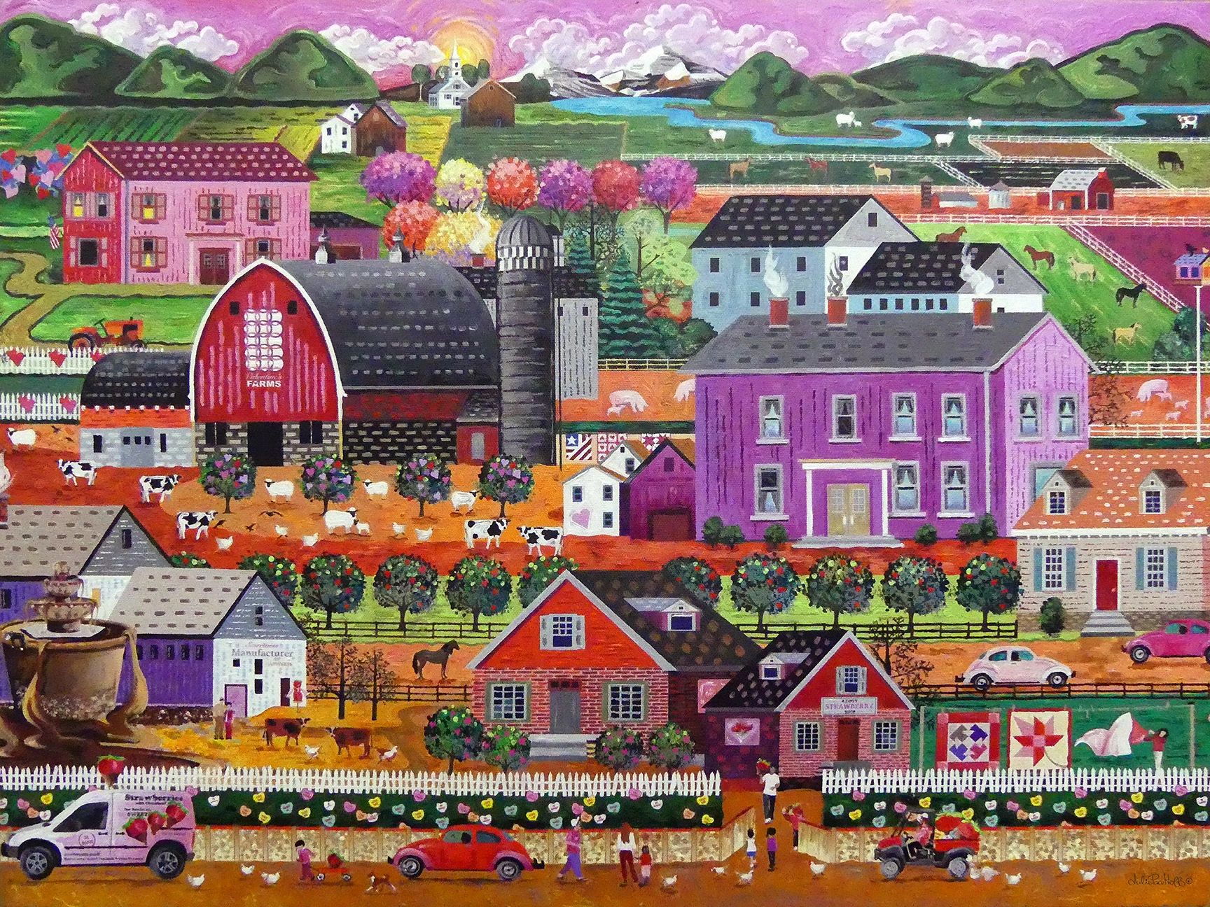 Valentine's Farm has chocolate, cows, strawberries, pink, red, and love. Inspired by Charles Wysocki