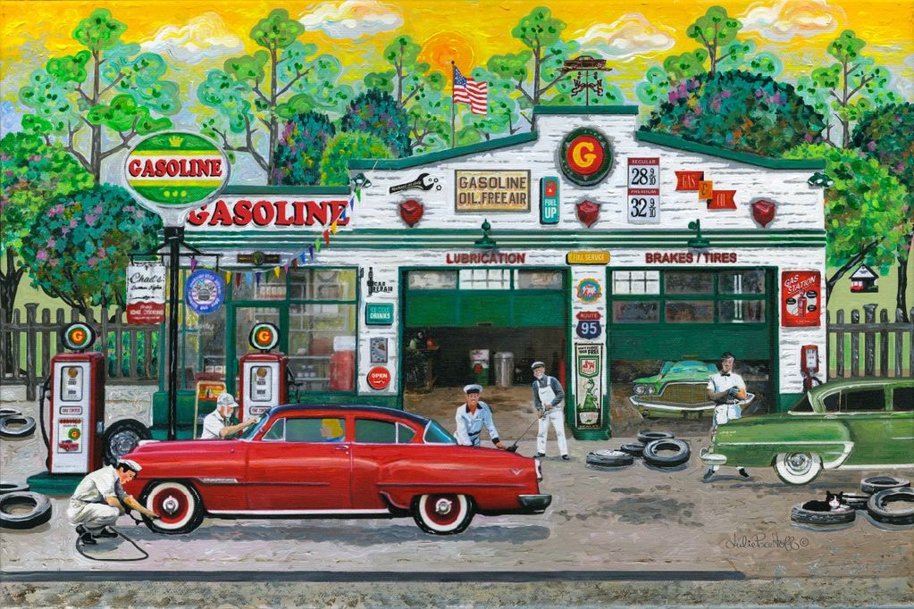 Using vibrant acrylics, I brought to life this vintage gas station bustling with activity and timele