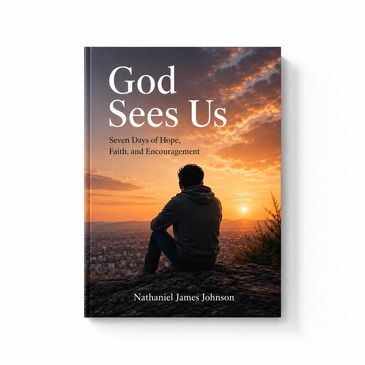 Book cover of "God Sees Us" with sunset and person silhouette.