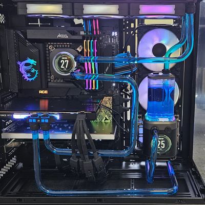 Custom-built desktop computer with rigid tube liquid cooling, and high-performance internal componen