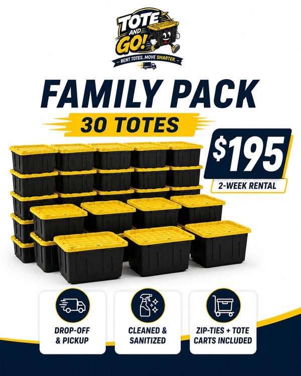 Family pack of 30 totes for $195 with drop-off, pickup, and sanitation.