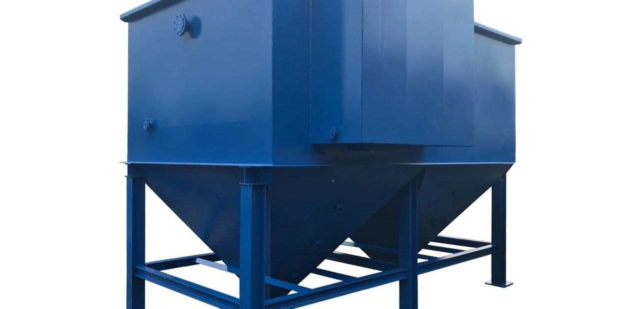 Large blue industrial metal container on a sturdy frame.