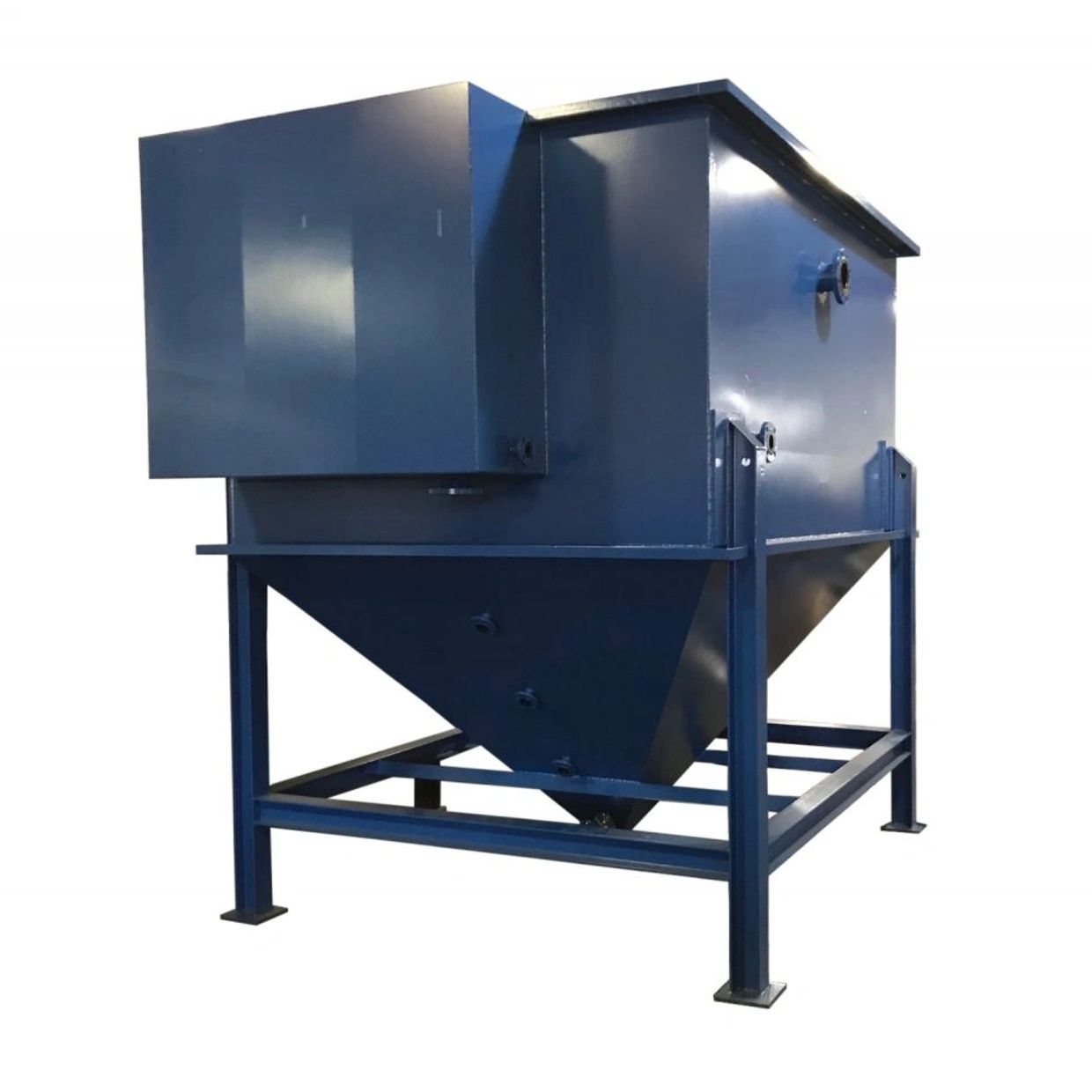 Large blue industrial hopper on metal frame.