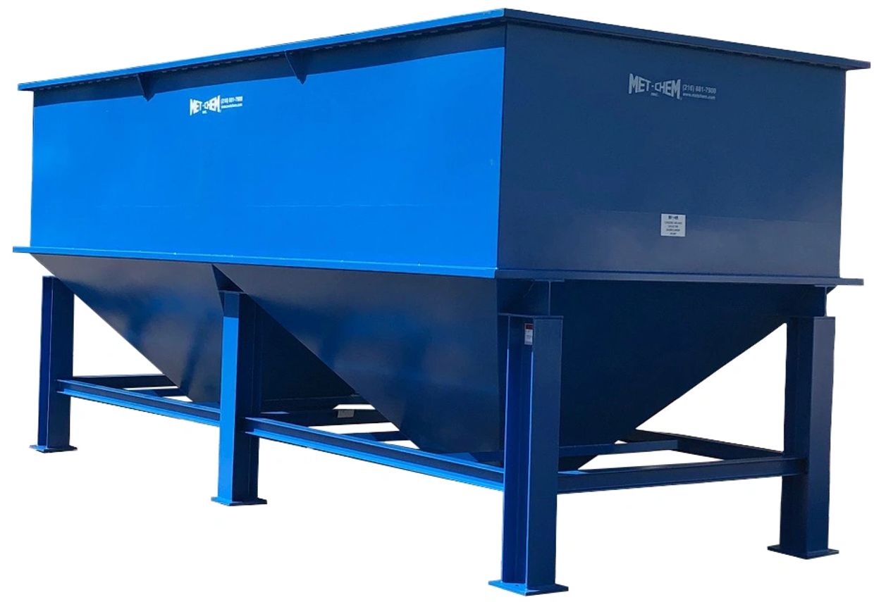 Large blue industrial metal bin on legs.
