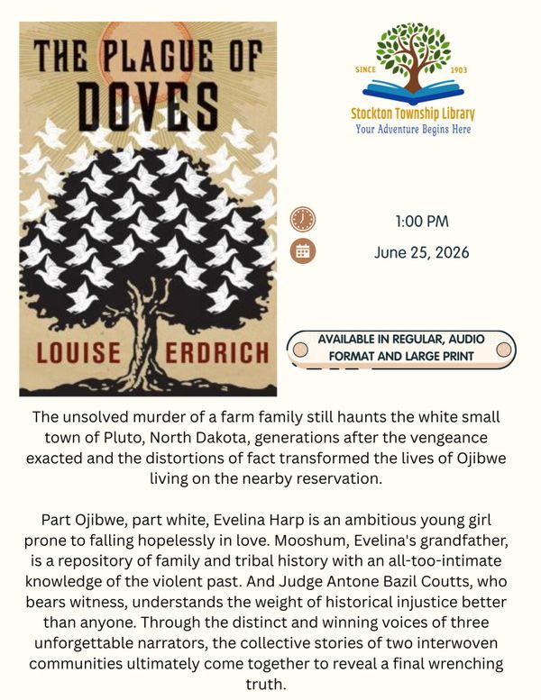 Promotional flyer for Louise Erdrich's book event at Stockton Township Library on June 25, 2026.