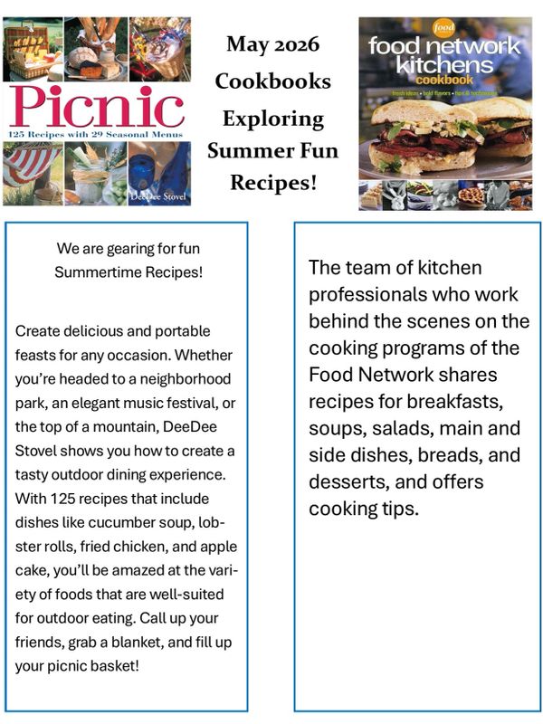 Two summer-themed cookbooks featuring portable and tasty recipes for outdoor dining and cooking tips.