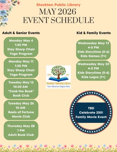 Stockton Public Library May 2026 event schedule for adults and kids.