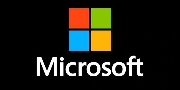 Microsoft logo with colorful squares on black background.