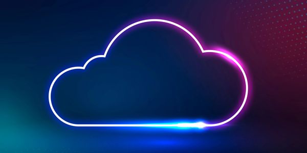 Neon glowing cloud icon on a dark gradient background.