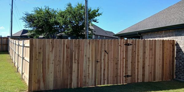 A wooden fence encloses a backyard under a clear blue sky.