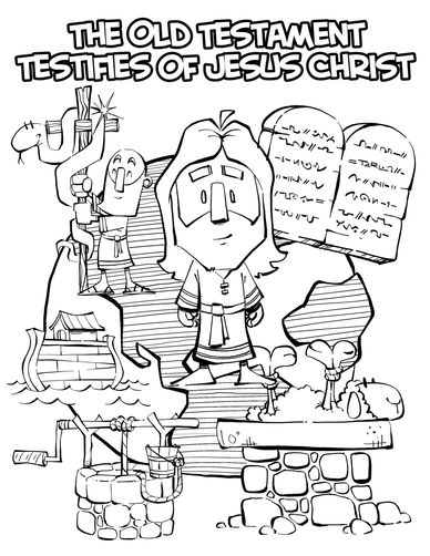 Cartoon illustration depicting Old Testament symbols with Jesus Christ and biblical artifacts.