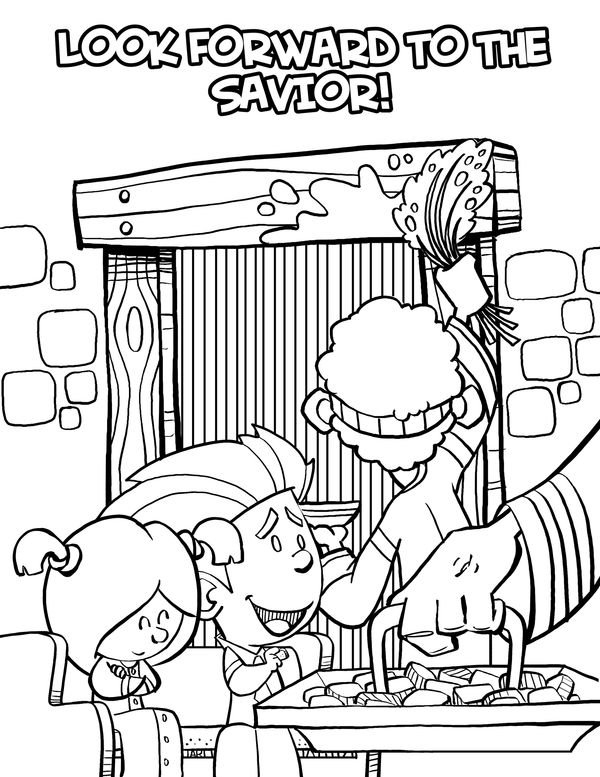 Children eagerly waiting with offerings at a doorway, caption reads 'Look forward to the Savior!'.