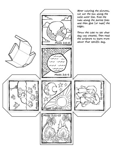 Printable cube template with biblical scenes from Moses for coloring and assembly.