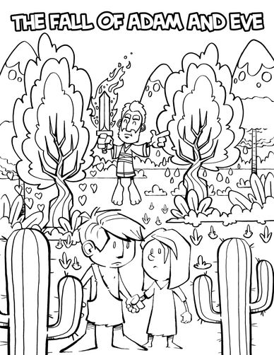 Cartoon depicting Adam and Eve with an angel and trees in a desert landscape.