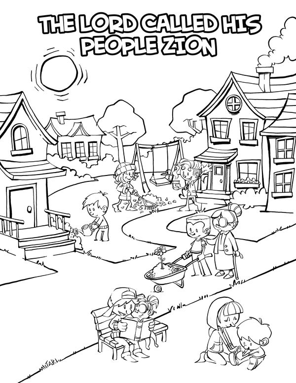 Children and adults enjoy a sunny day in a peaceful neighborhood with the text about Zion.