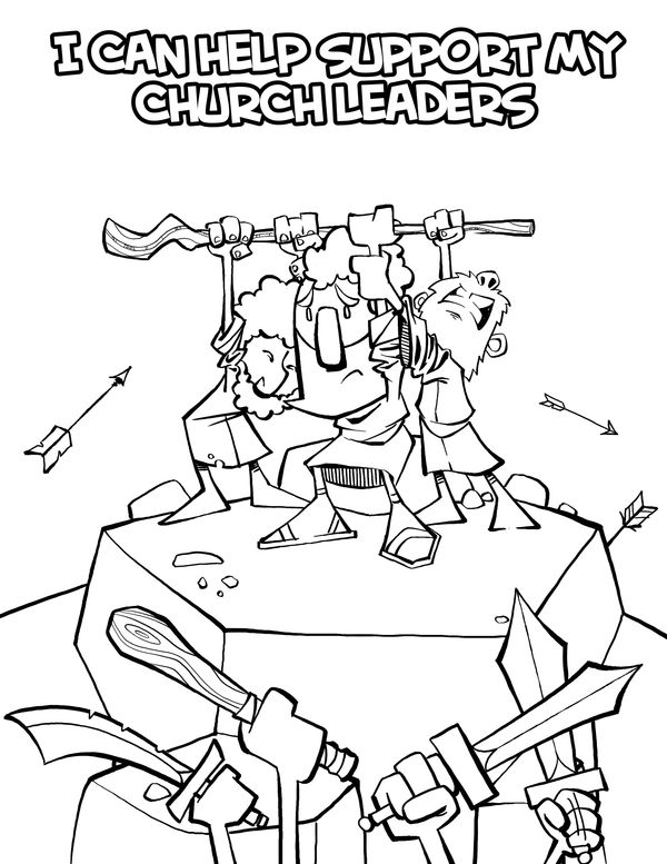 Three church leaders holding a rifle against incoming swords and arrows.