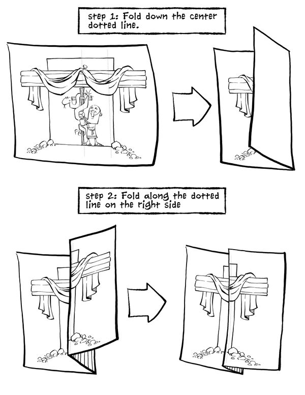 Instructions for folding a paper with a religious image in two steps.