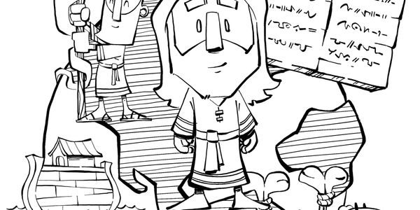 Black-and-white cartoon of an explorer with ancient artifacts and a map.