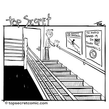 Man uses a teddy bear to avoid touching handrails due to COVID-19.