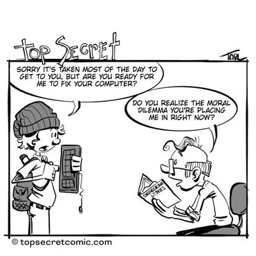 A comic about a moral dilemma in fixing a computer.