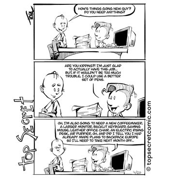 Comic strip about a new office worker discussing job needs with a coworker.
