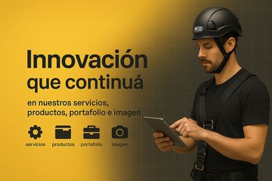 Hombre con casco usa tablet junto a texto sobre innovación en servicios y productos.