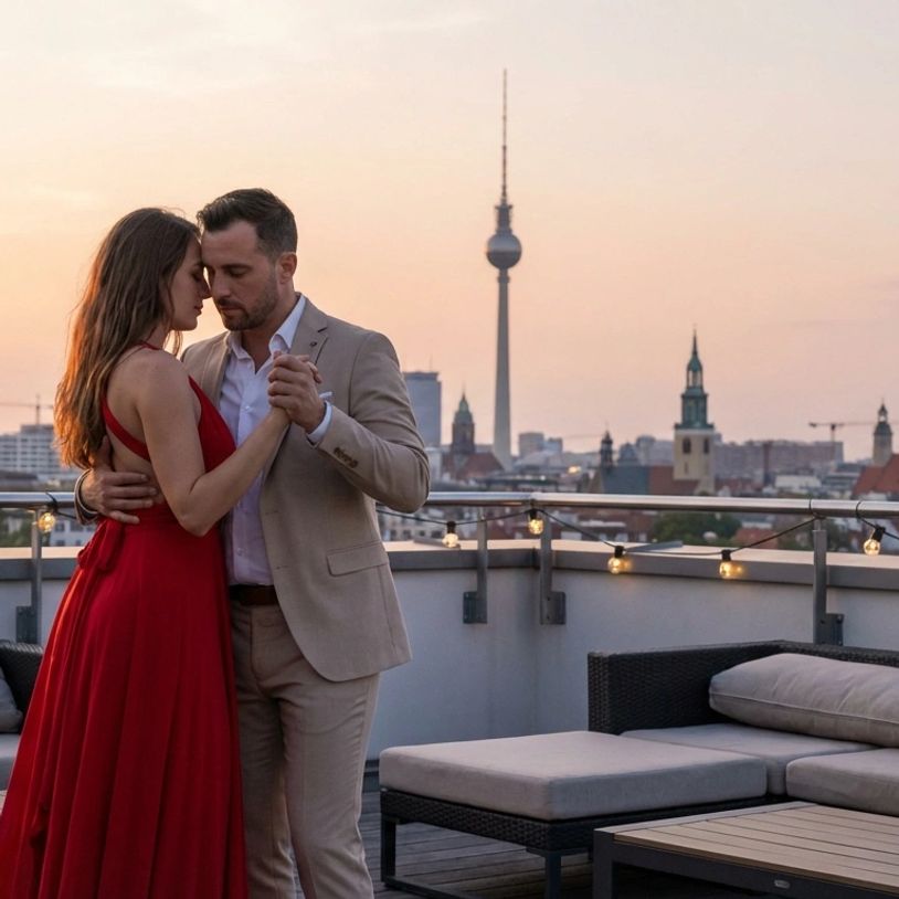 Couple dancing intimately on rooftop at sunset with city skyline.
