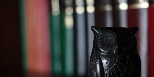 Búho negro decorativo con libros detrás.