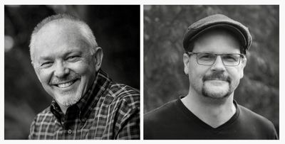 Two men smiling in black and white portraits.