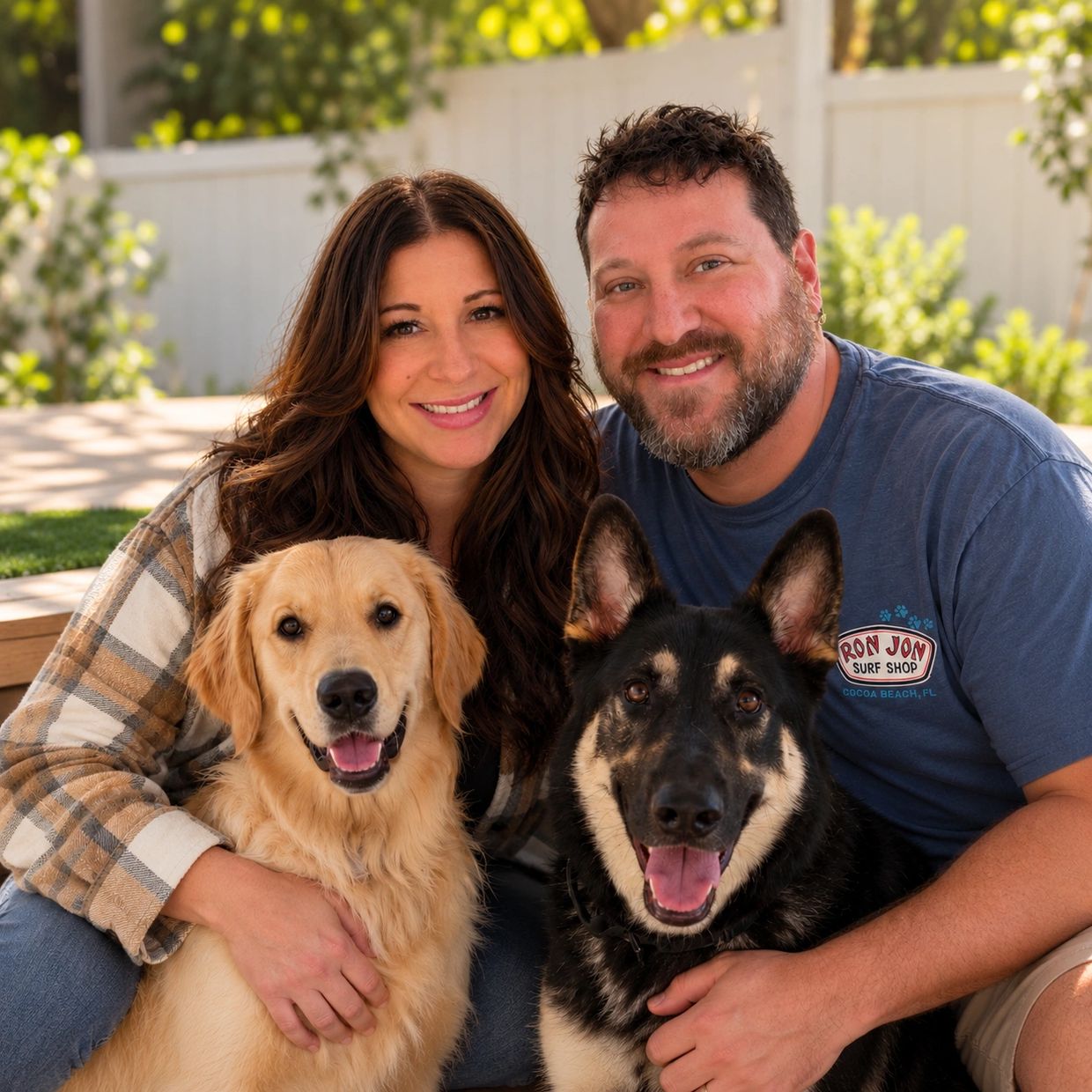 Couple smiling with two dogs outdoors.