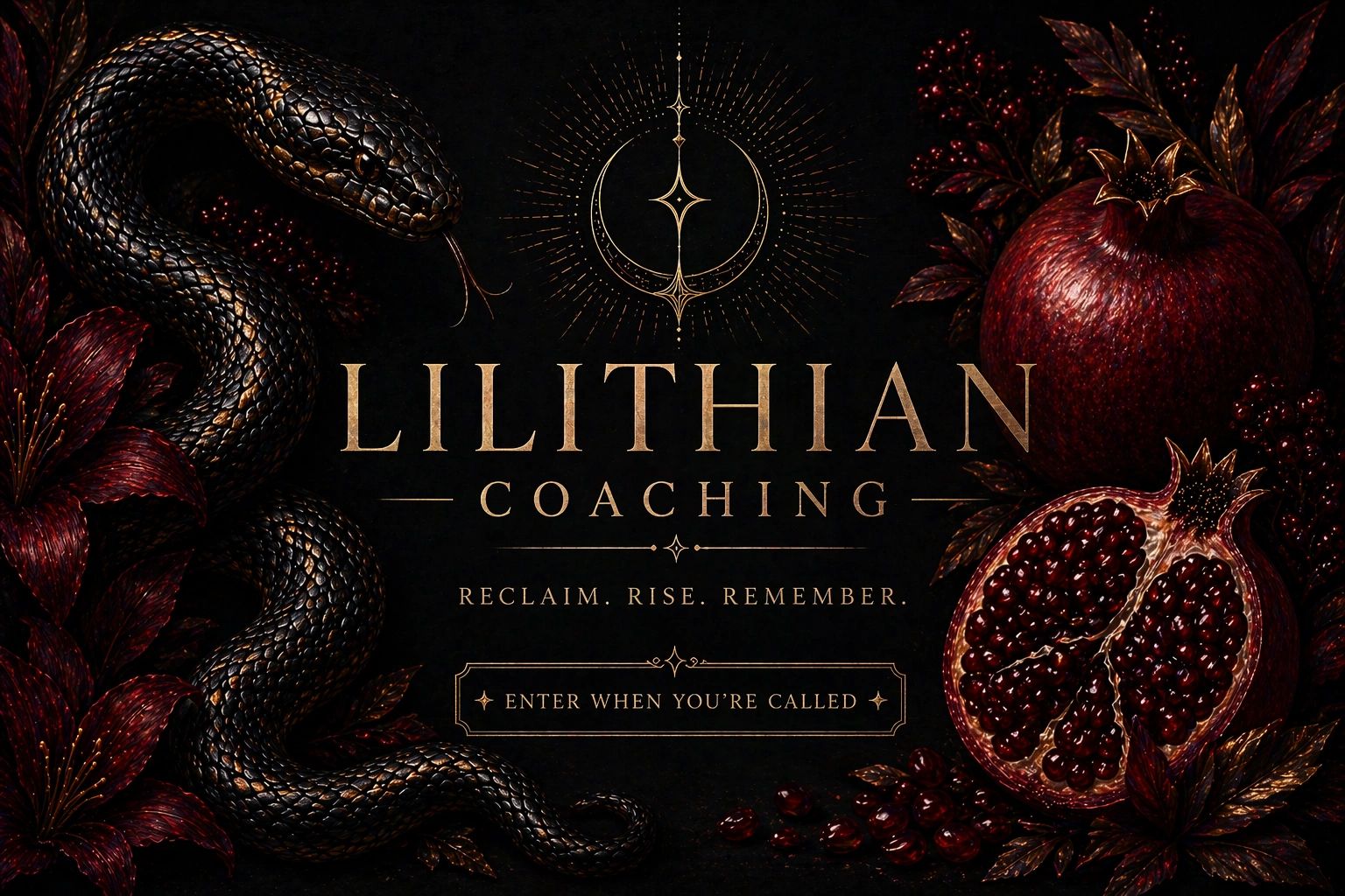 Dark, mystical logo for Lilithian Coaching with snake and pomegranate imagery.