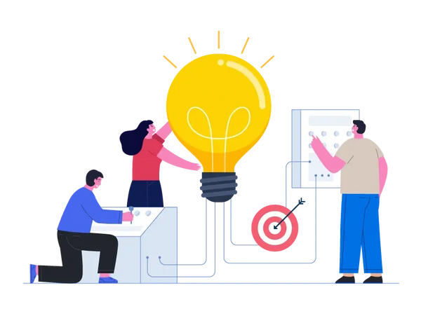 An illustrator image of a big light bulb and 3 people standing around it.