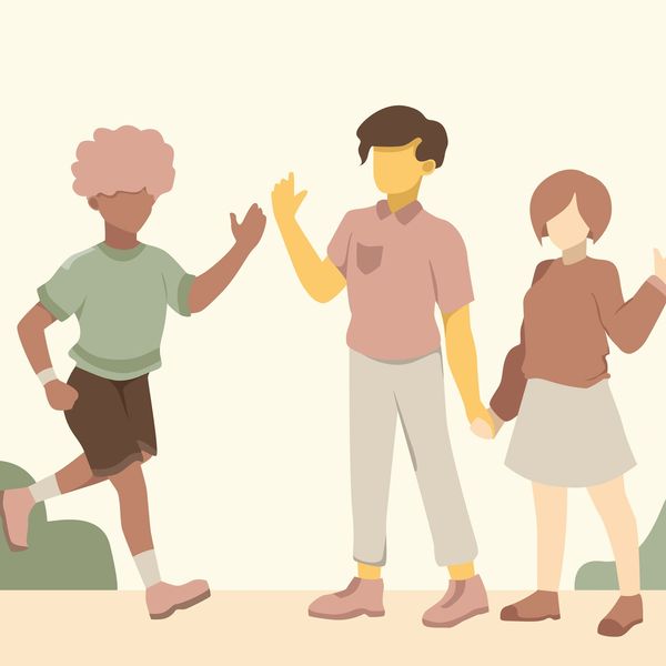 Three children waving, with one running and two holding hands.