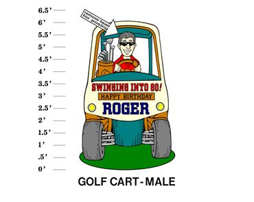 Golf Cart Male Swinging into age! Happy Birthday Name