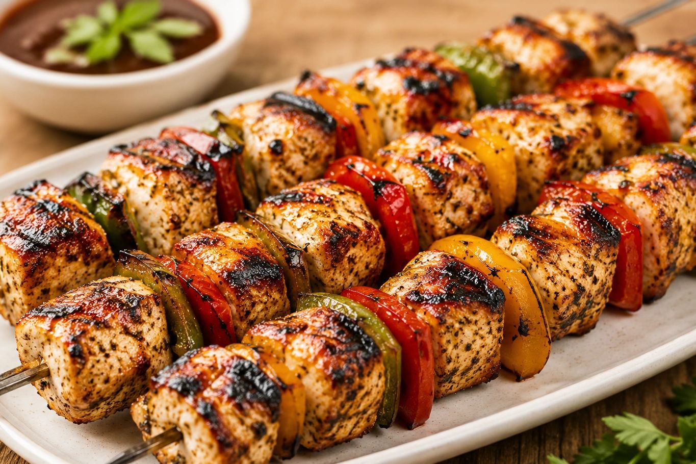 Grilled chicken and vegetable skewers with sauce.