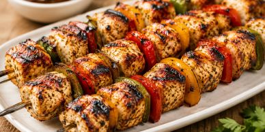 Grilled chicken and vegetable skewers with sauce.
