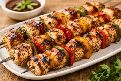Grilled chicken and vegetable skewers on a plate.