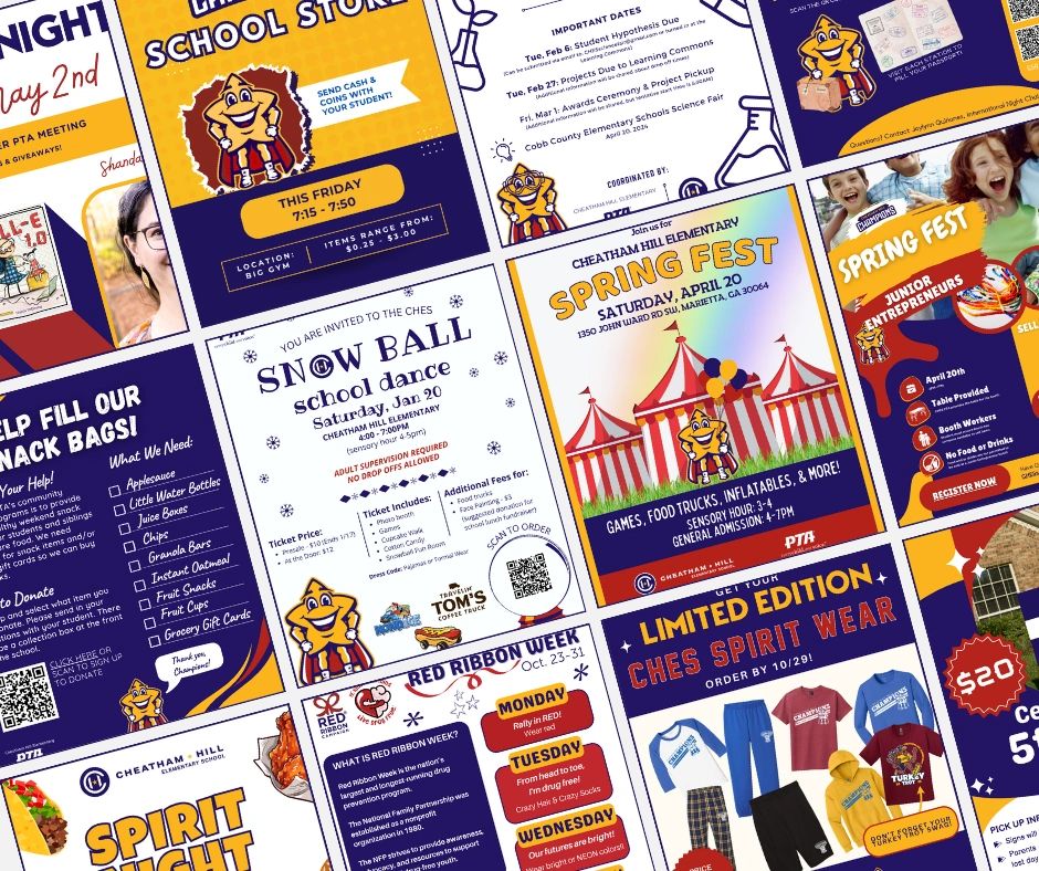 Collage of school event flyers and announcements.