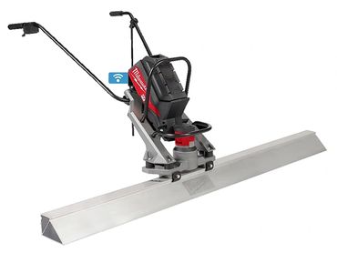 A red and black floor screed machine with a long metal blade.