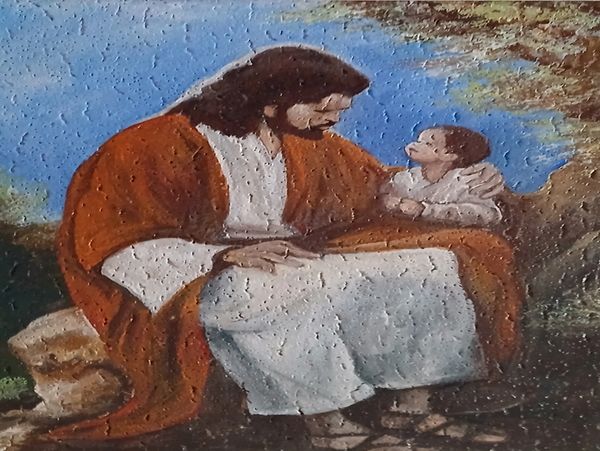 Jesus gently holds a child, sharing a tender moment.