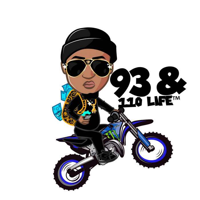 Cartoon man with gold chains rides a blue dirt bike, holding cash and phone, with 93.8 & 110 LIFE logo.