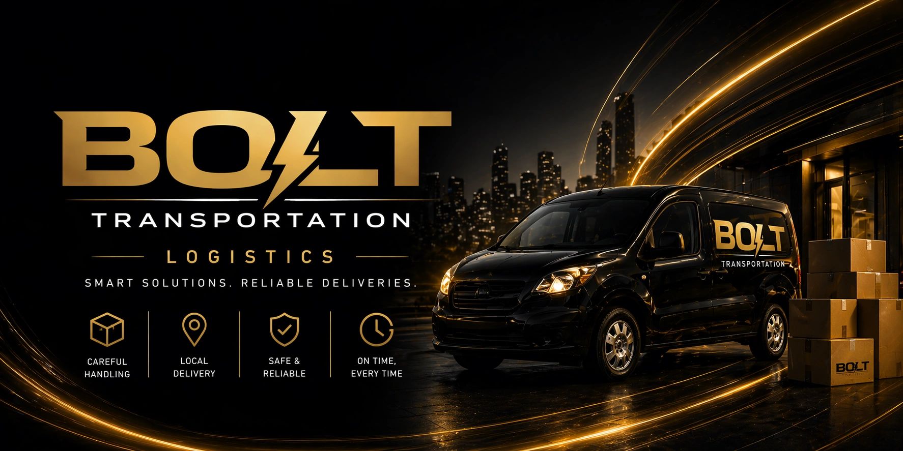 Bolt Transportation logistics van with glowing city backdrop and package icons.